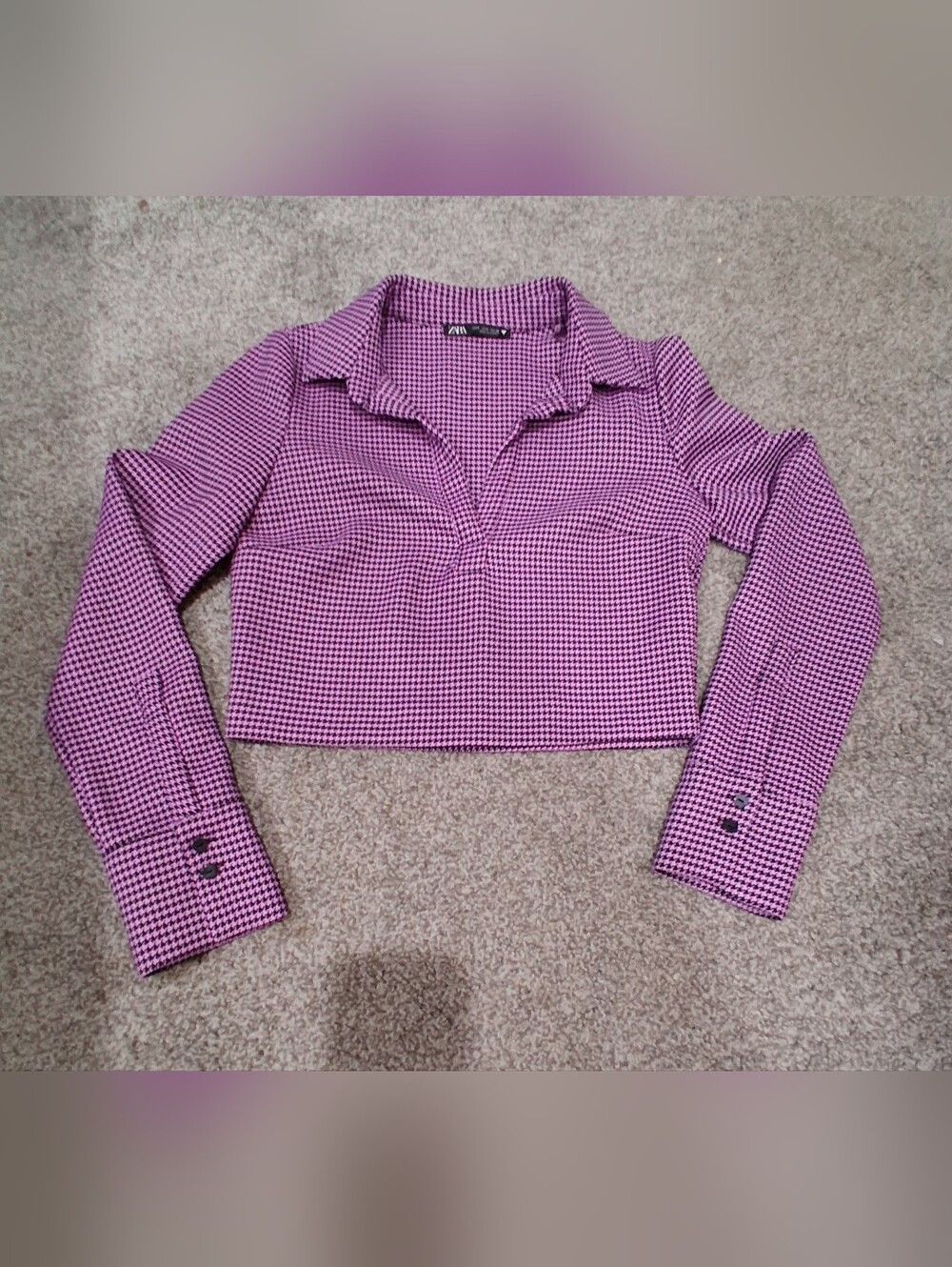 ZARA Pink Houndstooth Long-Sleeve Cropped Polo Top